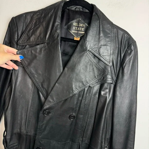 Vtg 80s Golden State Leather Trench Coat Sz 44 Black Belted Trench Coats
